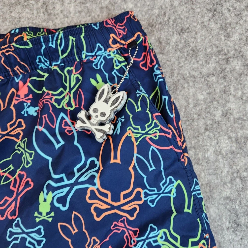NEW Psycho Bunny Swim Trunks Men 3XL Blue Neon Bunny Print Mesh Lined Shorts